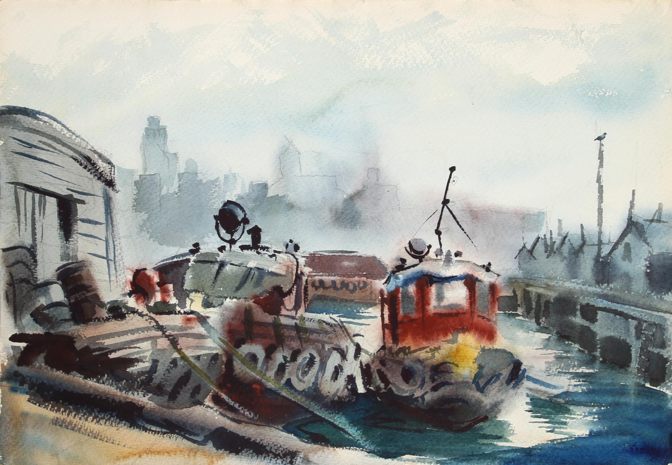 Tugboat and City Street, Double-sided Watercolor by Eve Nethercott