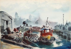 Tugboat and City Street, Double-sided Watercolor by Eve Nethercott