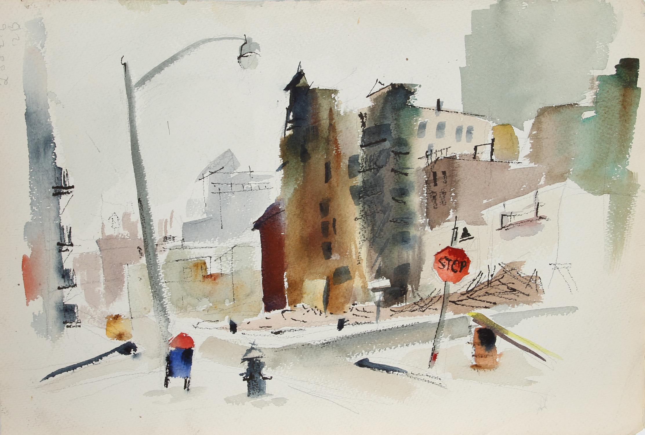 Tugboat and City Street, doppelseitiges Aquarell von Eve Nethercott im Angebot 1