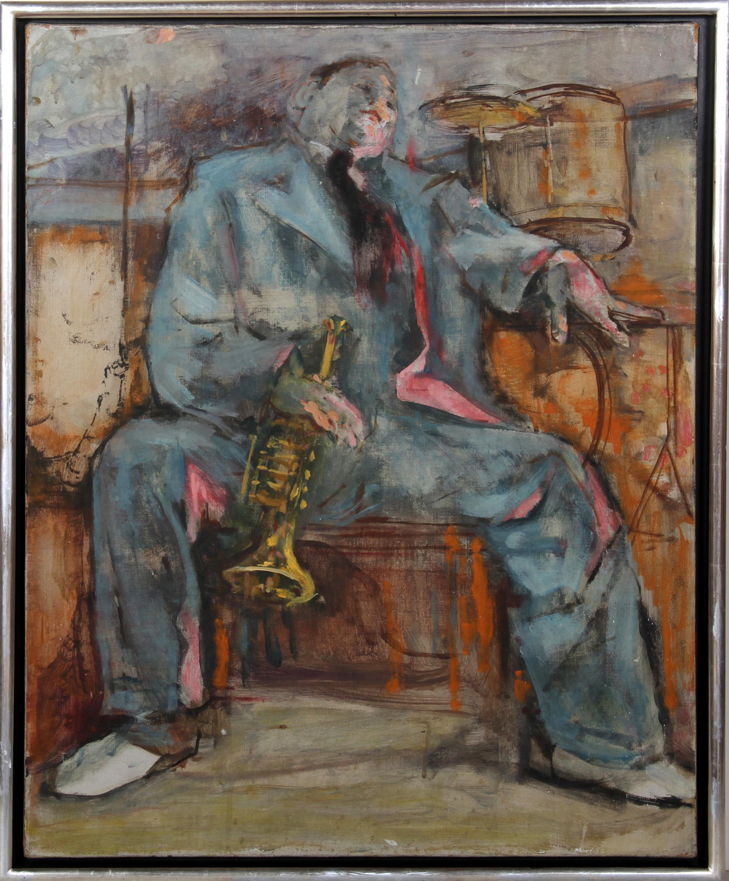 Trompettiste
Marshall Goodman, américain (1916-2003)
Date : vers 1960
Huile sur toile
Taille : 30 in. x 24 in. (76,2 cm x 60,96 cm)
Taille du cadre : 32 x 26 pouces