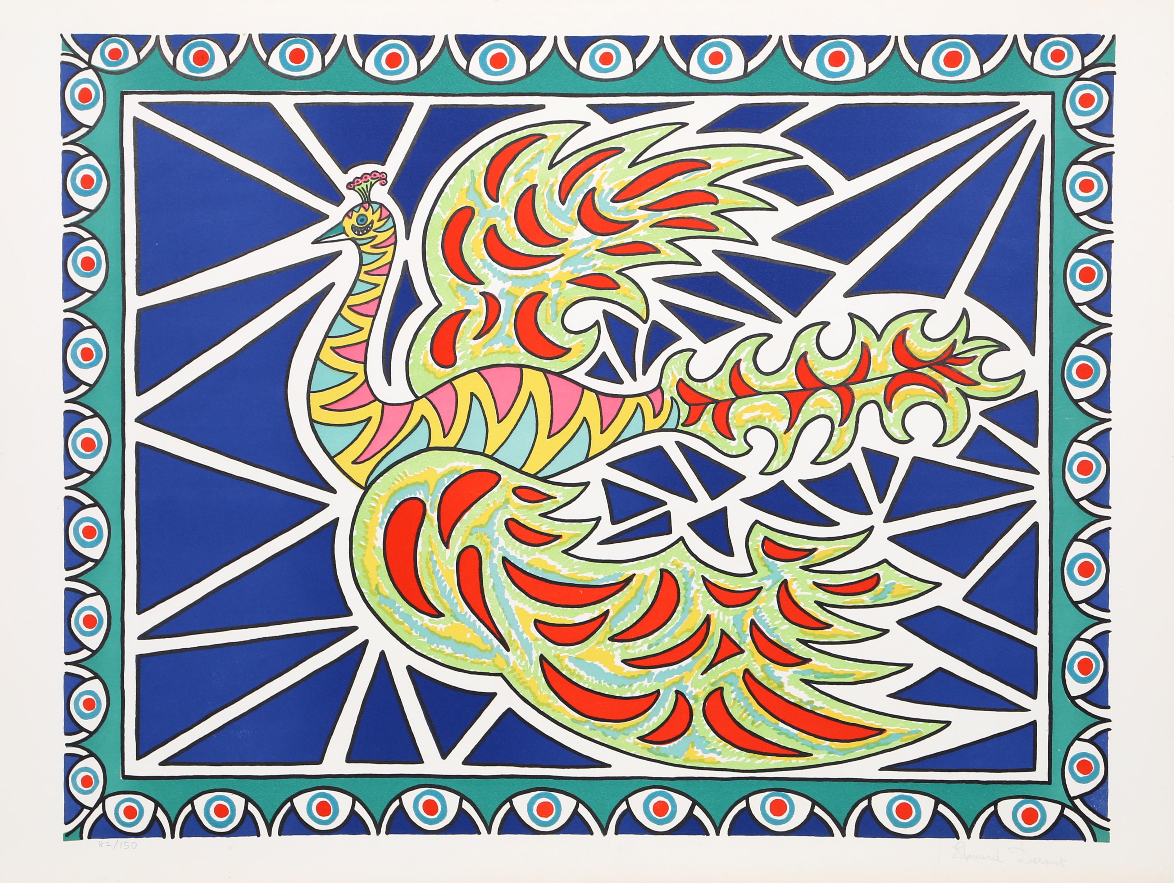 Édouard Dermit Figurative Print - Flying Peacock II