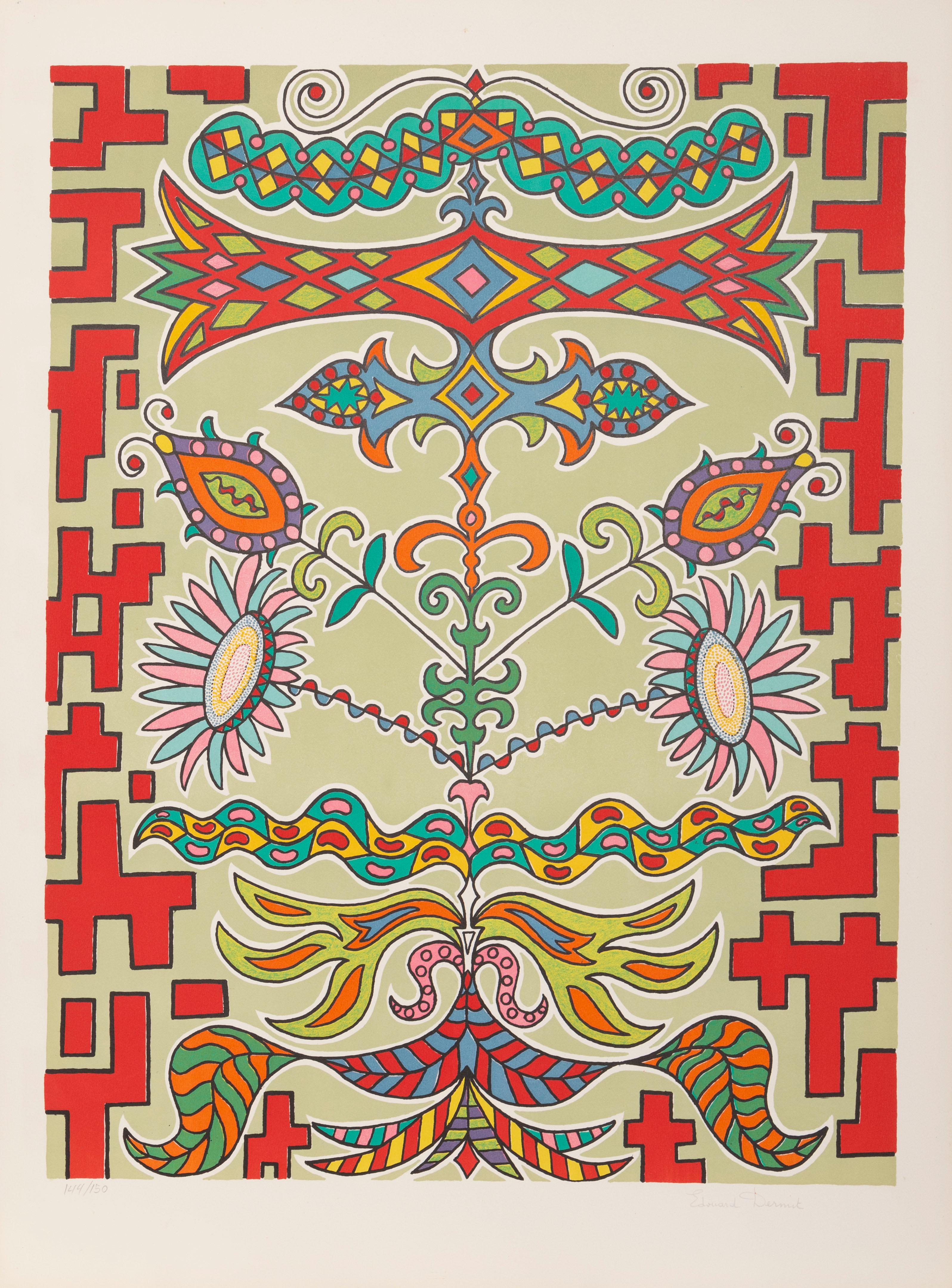 Figurative Print de Édouard Dermit - Flores sobre patrón