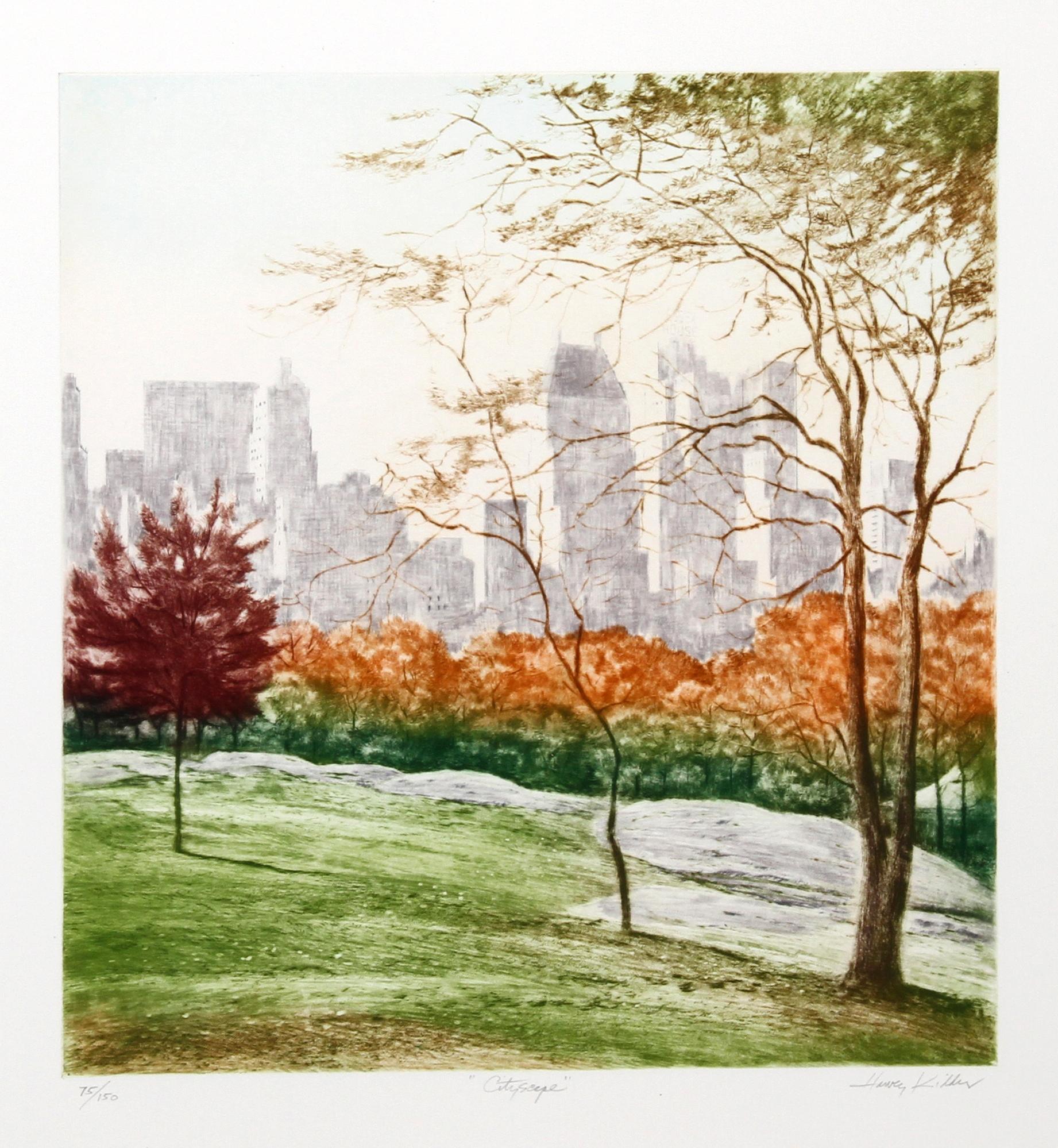 Paysage urbain
Harvey Kidder, Américain (1918-2001)
Date : vers 1985
Aquatinte et gravure, signée et numérotée au crayon
Edition de 150
Taille de l'image : 19 x 18 pouces
Taille : 76,2 x 55,88 cm (30 x 22 in.)