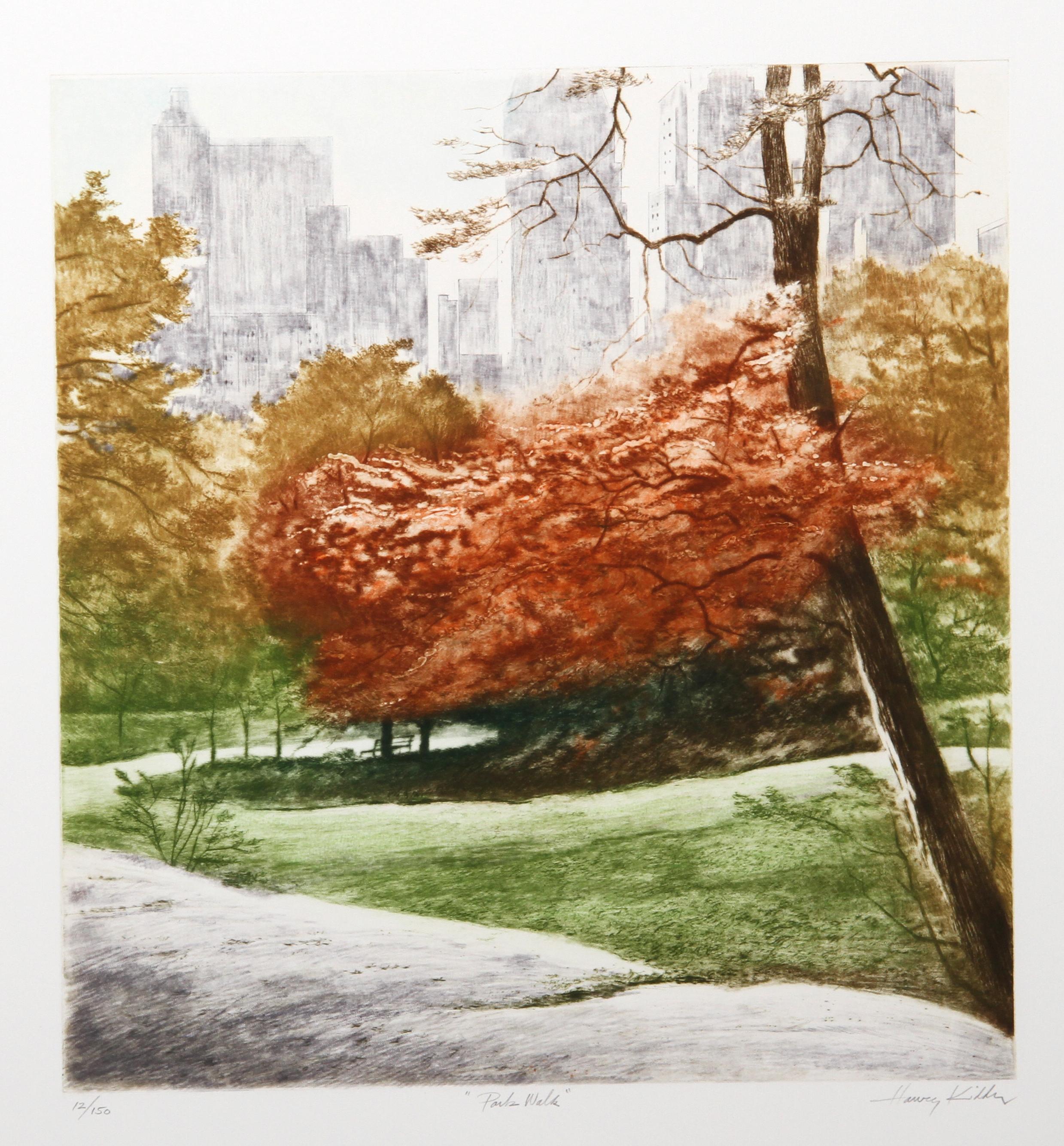 Promenade dans le parc
Harvey Kidder, Américain (1918-2001)
Date : vers 1985
Aquatinte et gravure, signée et numérotée au crayon
Edition de 150
Taille de l'image : 19 x 18 pouces
Taille : 76,2 x 55,88 cm (30 x 22 in.)