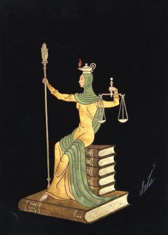 Vintage Lady Justice, Art Deco Gouache Painting by Erte