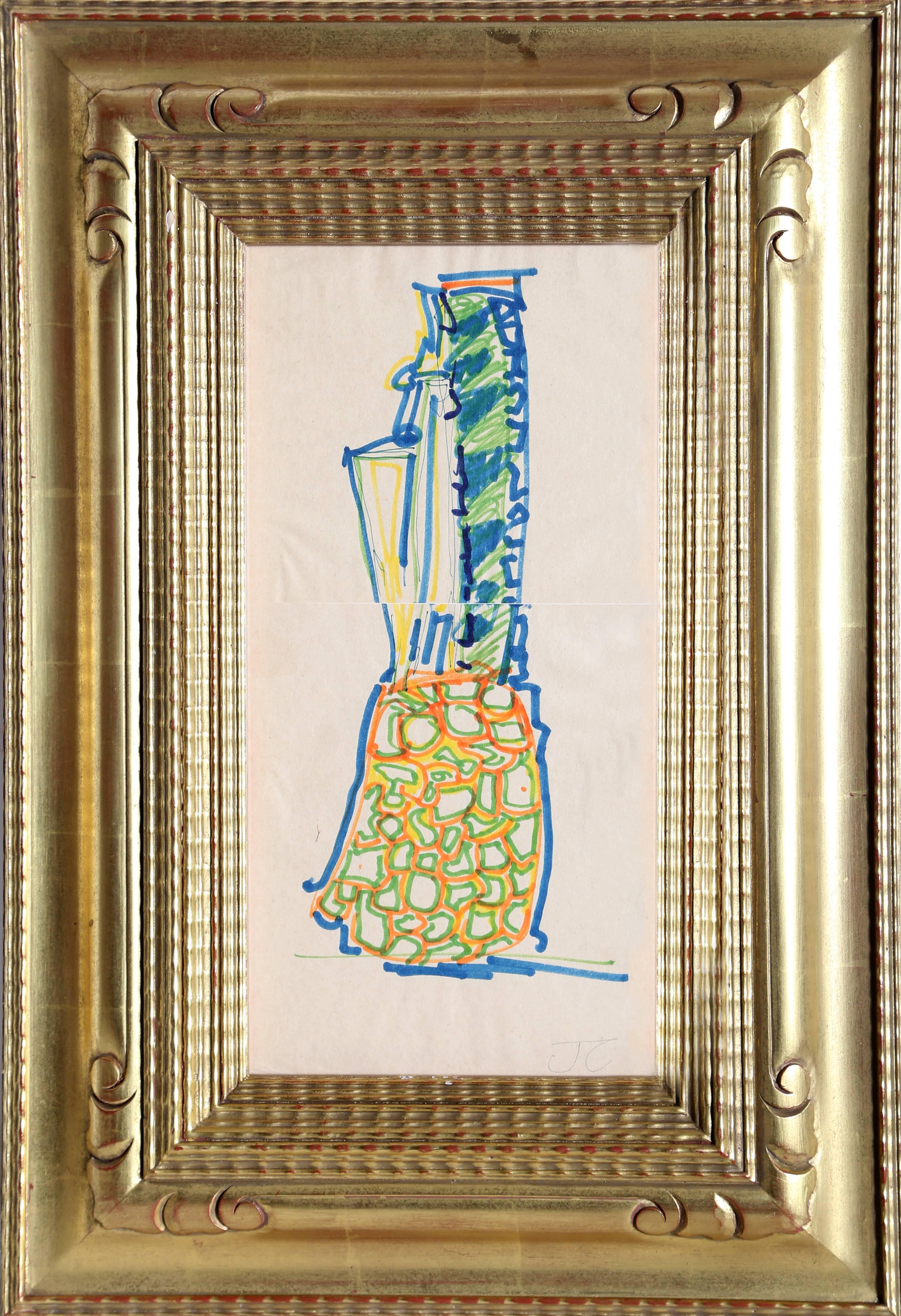 Artist: John Chamberlain, American (1927 - 2011)
Title: Blue Pineapple
Year: 1981
Medium: Marker and pencil on newsprint, signed 
JC
 l.r.
Image Size: 17.25 x 8.5 inches
Size: 17.25 x 10 in. (43.82 x 25.4 cm)
Frame: 25 x 16.75 inches (hand-carved