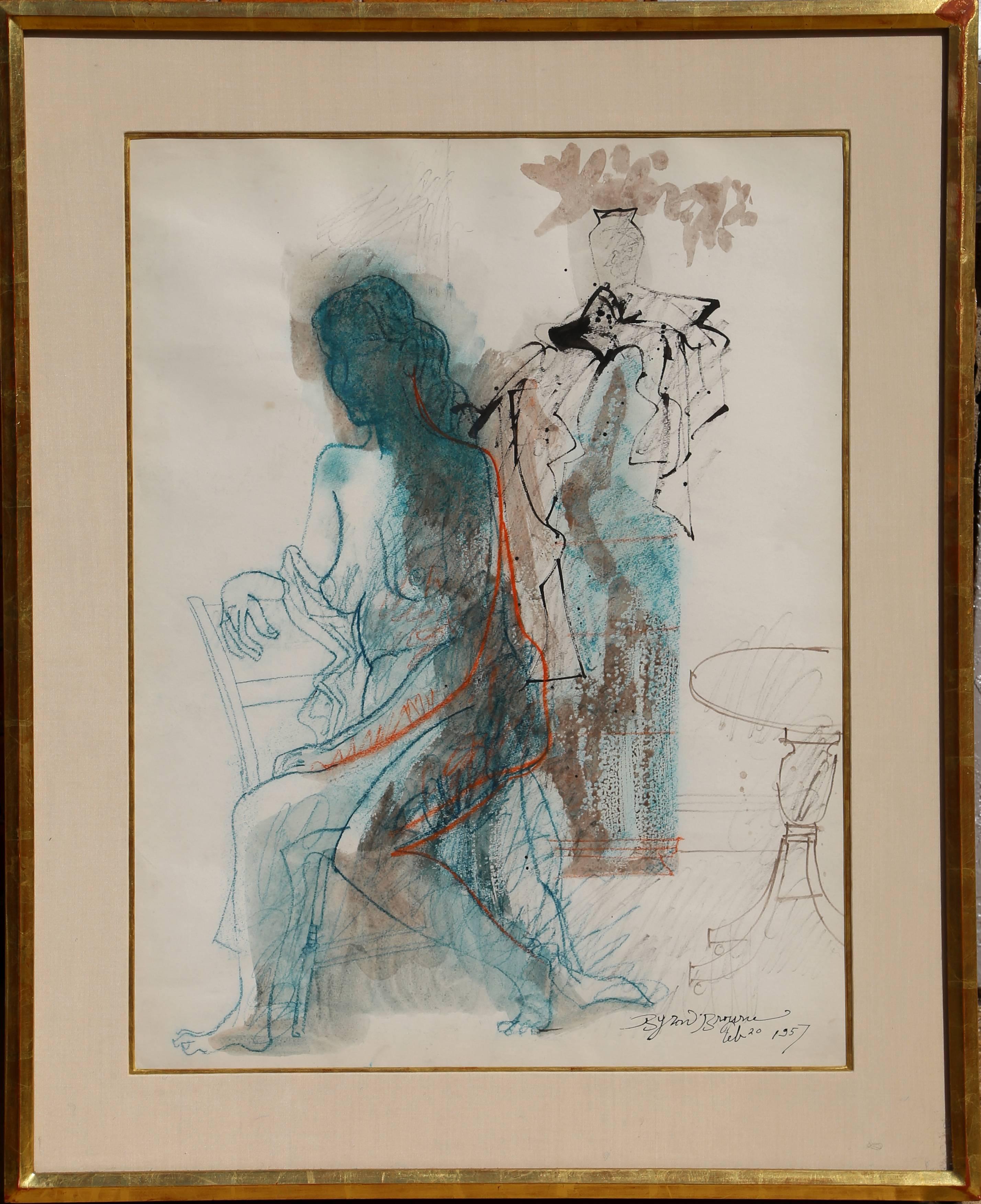 Seated Nude, Pastel and Watercolor by Byron Browne