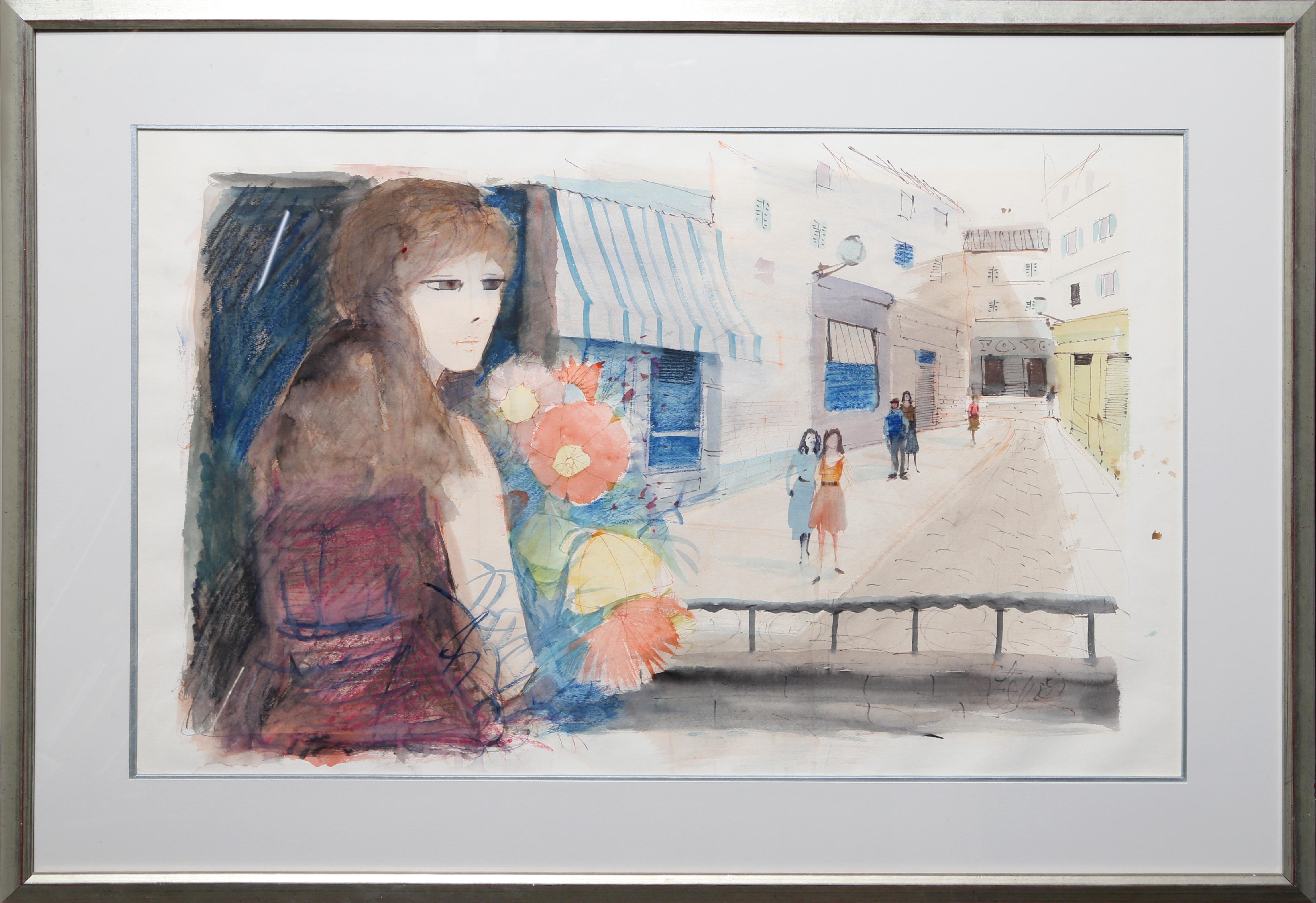Girl with Flowers, Watercolor Painting by Charles Levier