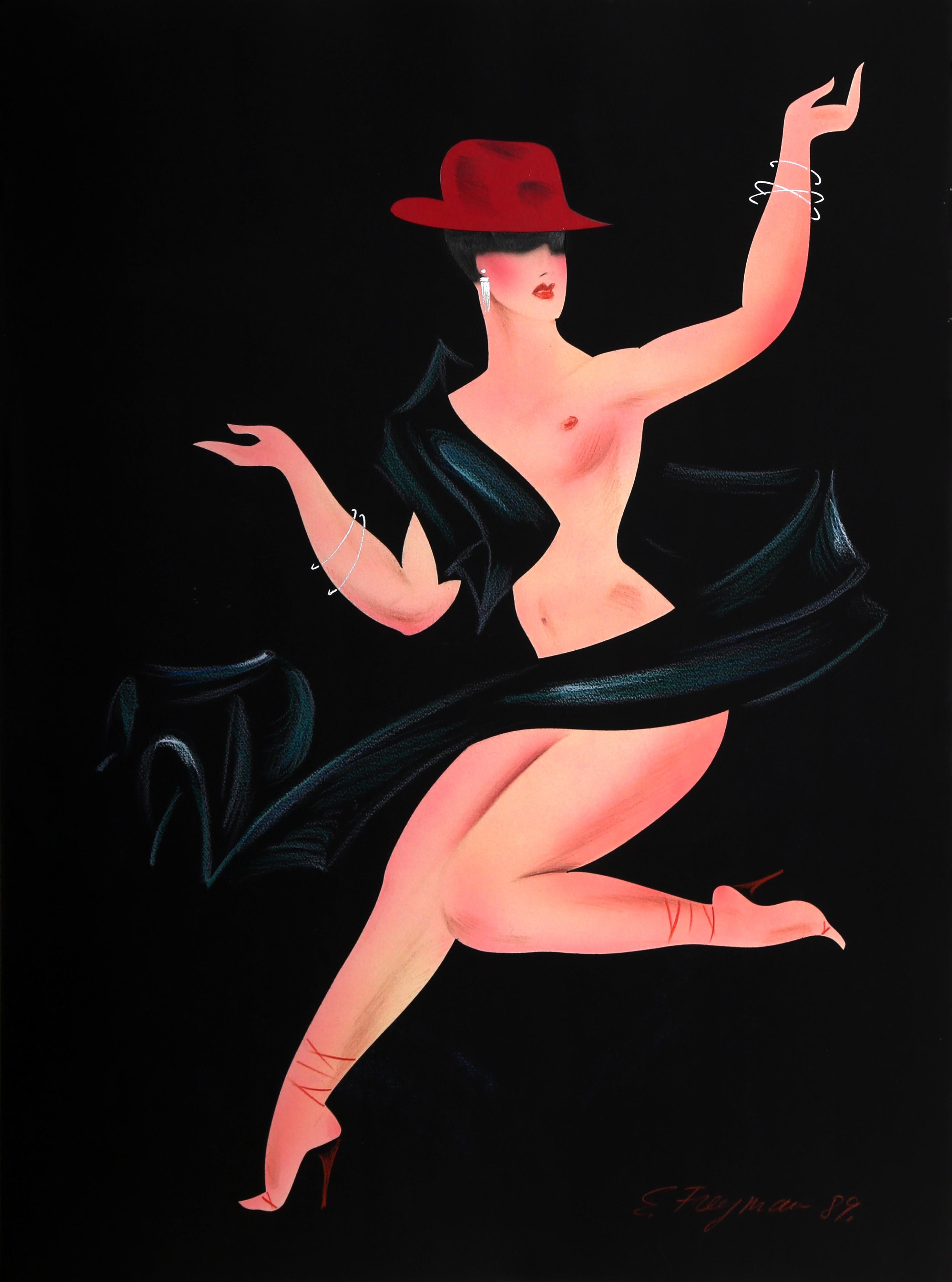 Ein Art-Déco-Werk im Stil der 80er Jahre mit einer tanzenden nackten Dame des zeitgenössischen Künstlers Erik Freyman auf Papier.
Collage mit Pastellkreide auf Papier, rechts unten signiert.
