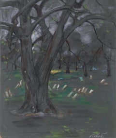 Chairs in the Park, Pastel Drawing by Kamil Kubik