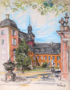 Patio con escultura, dibujo al pastel de Kamil Kubik
