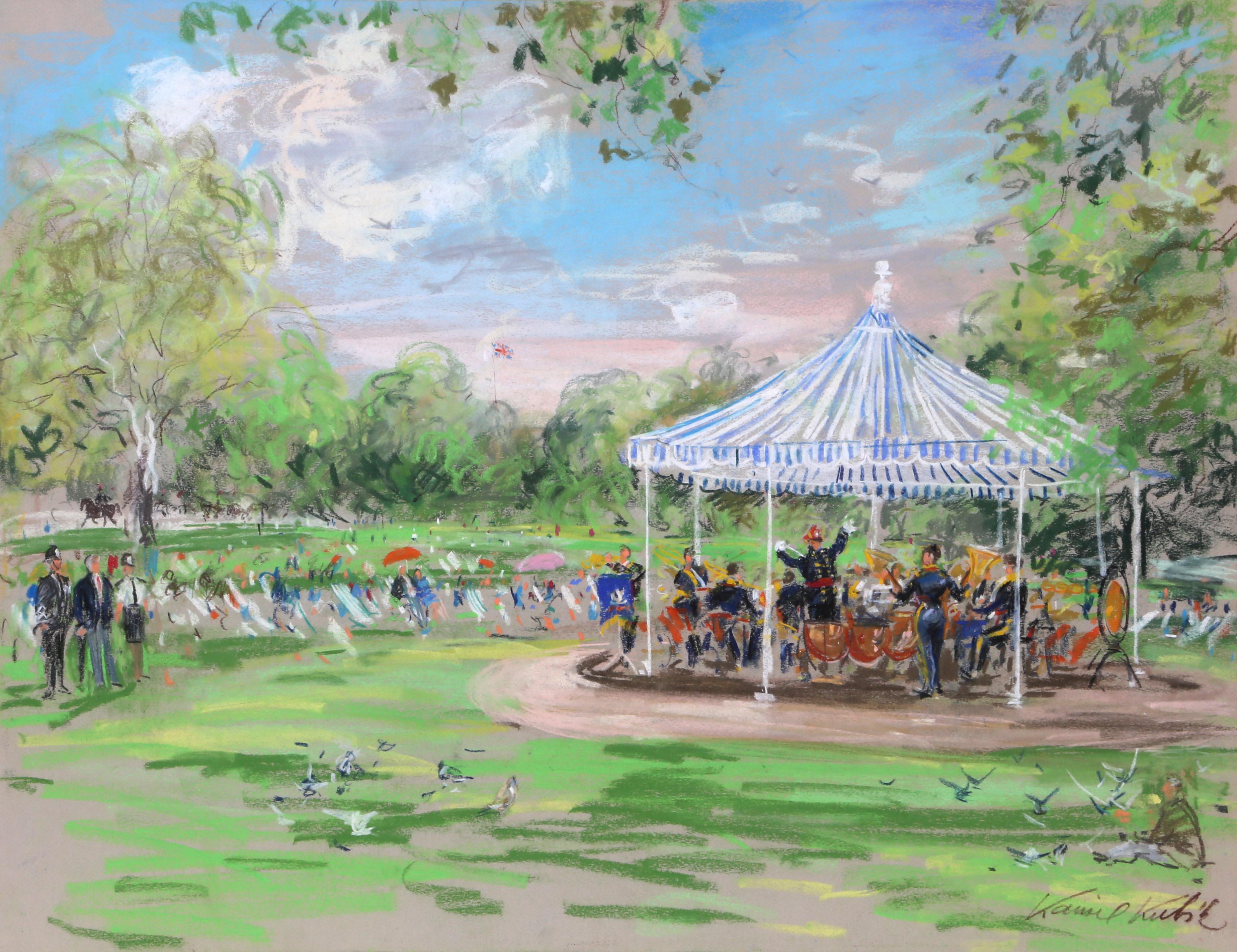 Band in the Park, London, Pastel Drawing by Kamil Kubik