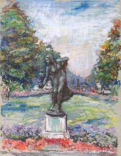 Statue im Park, pastellfarbene Zeichnung von Kamil Kubik