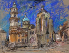 Church in Prague, Pastel Drawing by Kamil Kubik