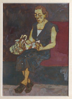 Vintage Woman Reading the Newspaper on Subway, Gouache Painting by Joseph Solman