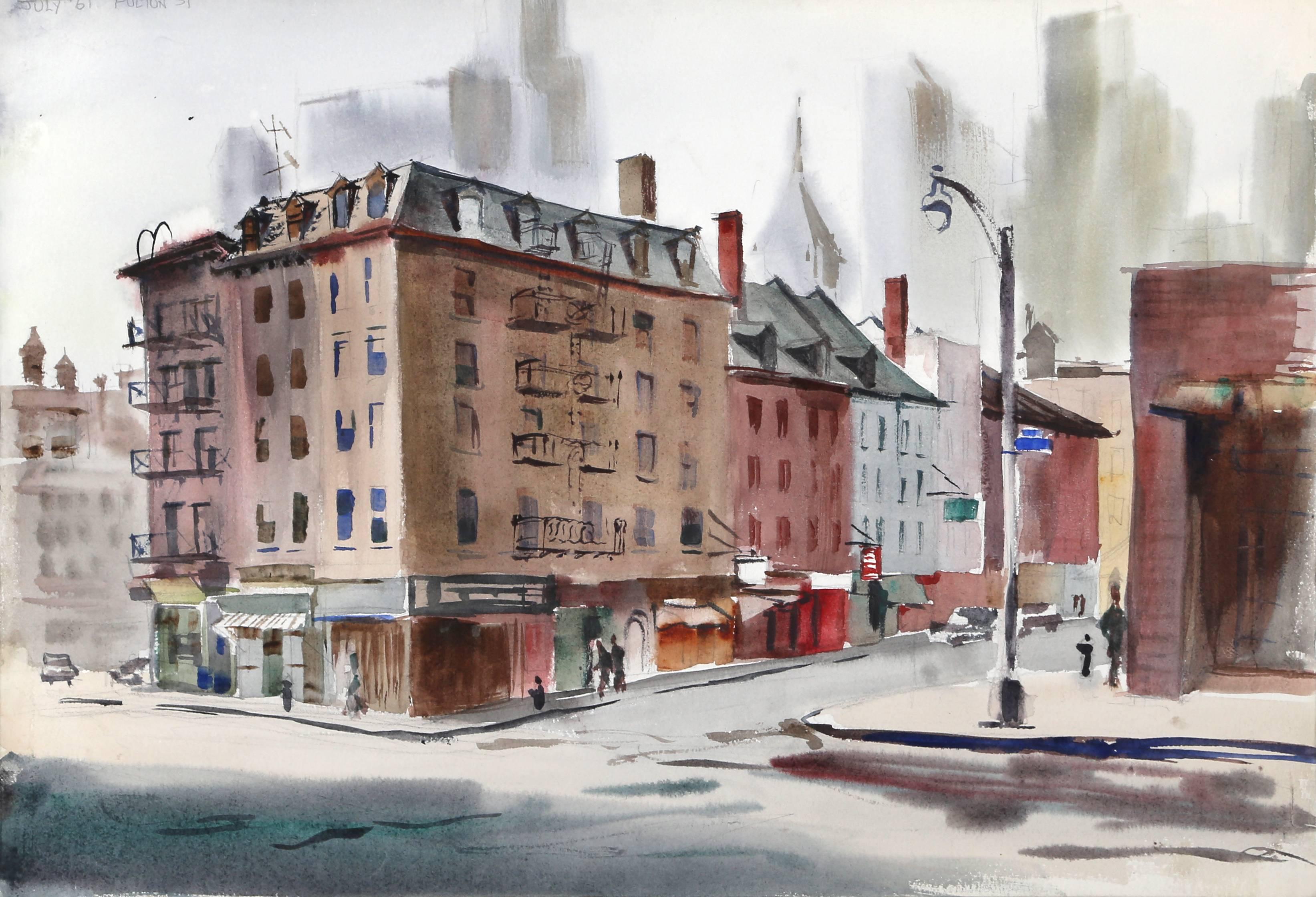 Künstlerin: Eve Nethercott, Amerikanerin (1925 - 2015)
Titel: Fulton Street (P5.31)
Jahr: 1961
Medium: Aquarell auf Papier
Größe: 15 x 22 Zoll (38,1 x 55,88 cm)