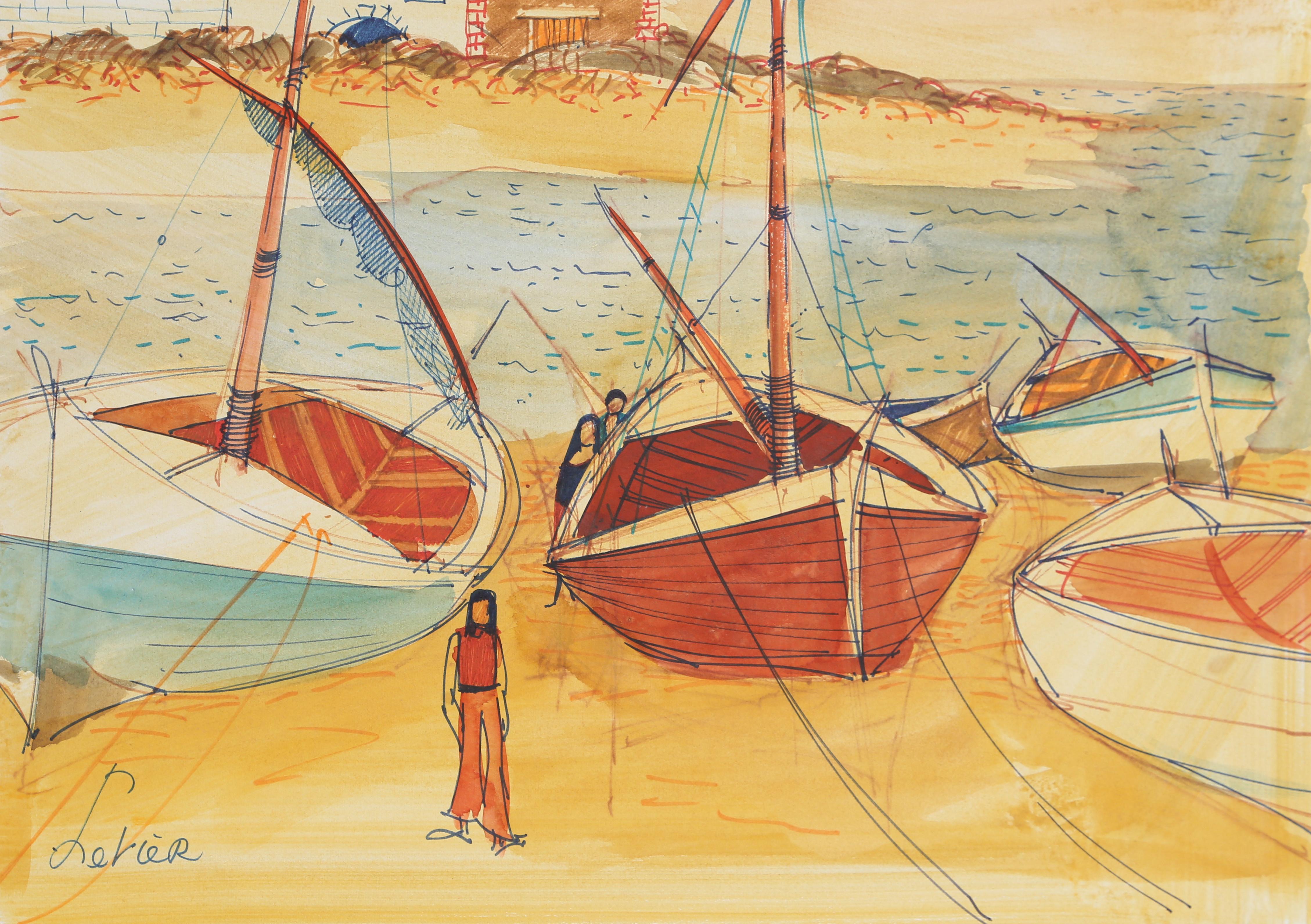 Sailboats on Shore I, Watercolor by Charles Levier