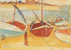 Segelboote an der Küste I, Aquarell von Charles Levier