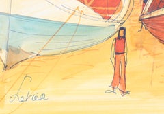 Sailboats on Shore I, Modern Art Watercolor by Charles Levier