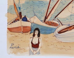 Woman on Shore von Sailboats, Aquarell von Charles Levier