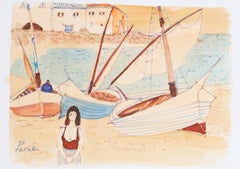 Woman on Shore by Sailboats, Watercolor by Charles Levier