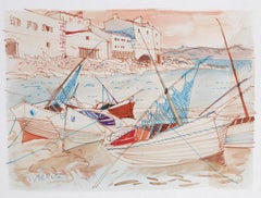 Sailboats at Shore, Watercolor by Charles Levier