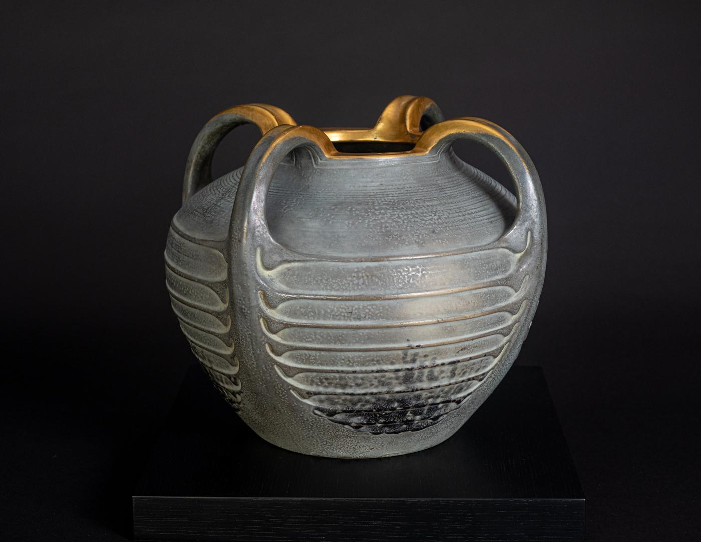 Four-Handled Ribbed Vase by Paul Dachsel for Kunstkeramik 1