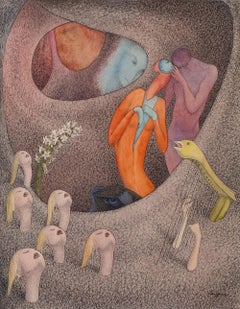 « The Embrace », aquarelle et dessin original surréaliste à l'encre de Walter Schnackenberg