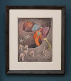 "L'abbraccio" Disegno originale surreale ad acquerello e inchiostro di Walter Schnackenberg