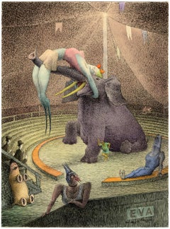 Original Surreales Aquarell- und Tuschezeichnung „The Circus“ von Walter Schnackenberg