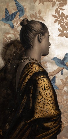 "Ivelle" Dibujo contemporáneo con pan de oro y oro blanco de Alessandra Maria