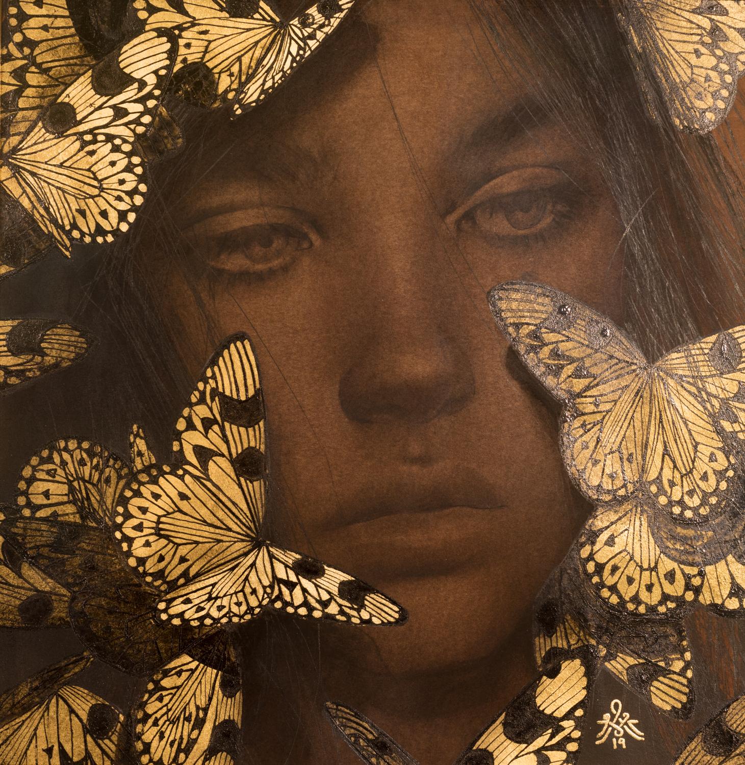 Alessandra Maria Portrait - Reverie IV - Contemporary Drawing with Gold Leaf