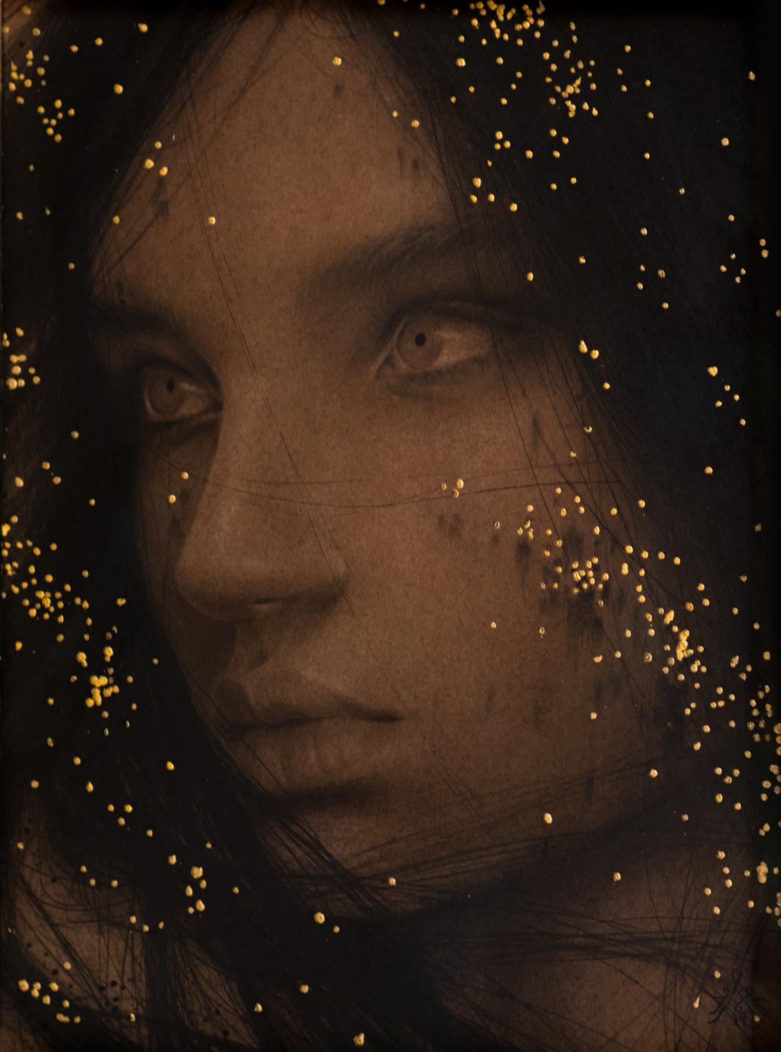 Alessandra Maria Portrait - Dust VI - Contemporary Drawing with Gold Leaf