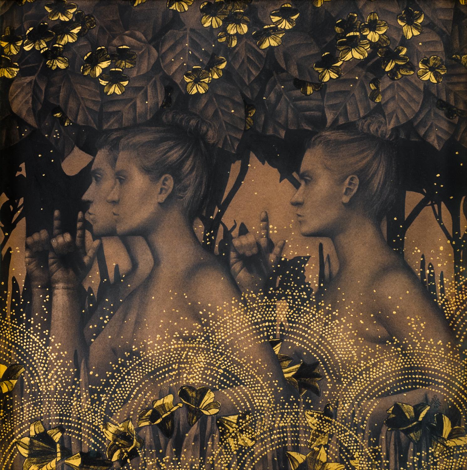 Alessandra Maria Portrait – Zeitgenössische Zeichnung „Encounter in the Garden“ mit Blattgold