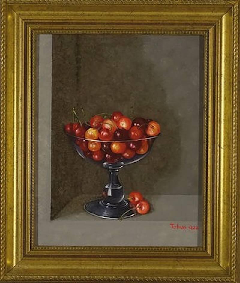 Still-Life Painting Tobias Harrison - Cerises dans un verre-peinture à l'huile de nature morte réaliste-art contemporain