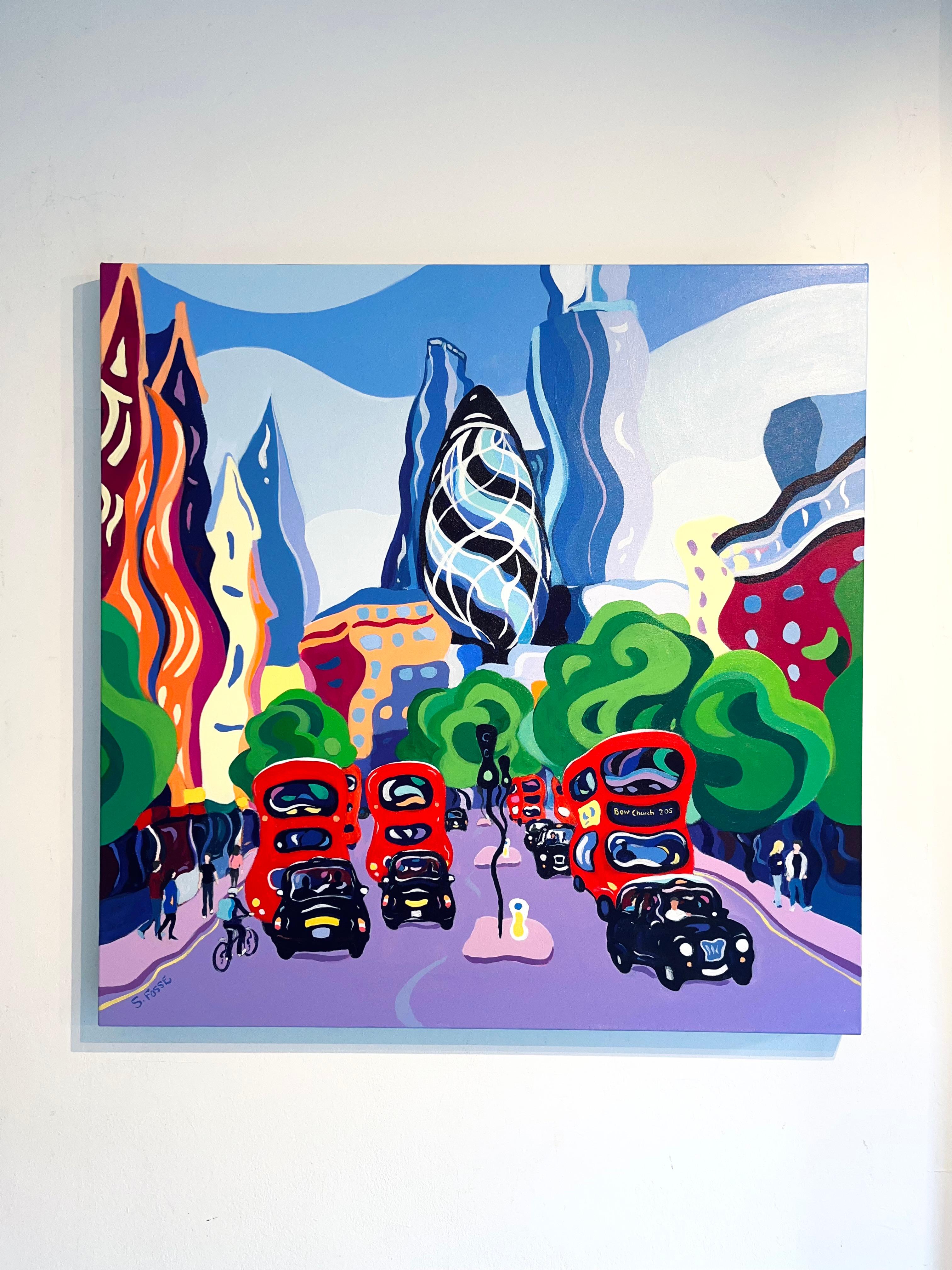 Verso la città -pittura originale surreale e realistica di paesaggi urbani- arte contemporanea - Art Astratto di Sarah Fosse