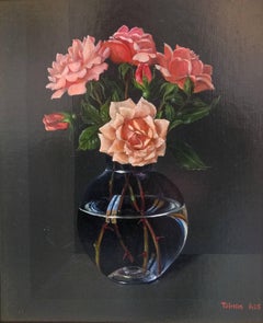 « Roses » du Café René, peinture à l'huile hyperréaliste, signée, 50 x 40 cm