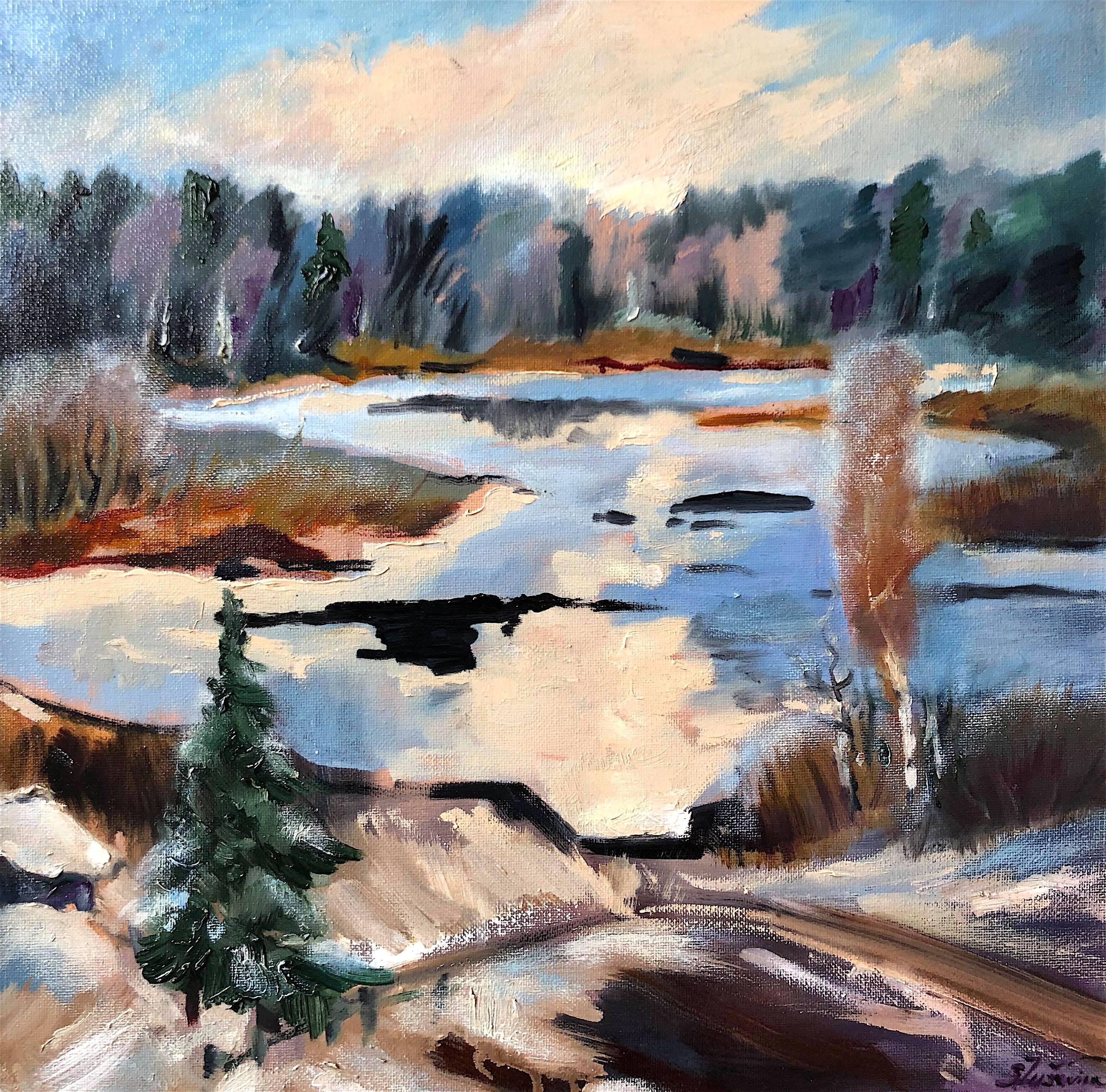 Signe Zusevica Landscape Painting - Winter Lake  original landscape painting
