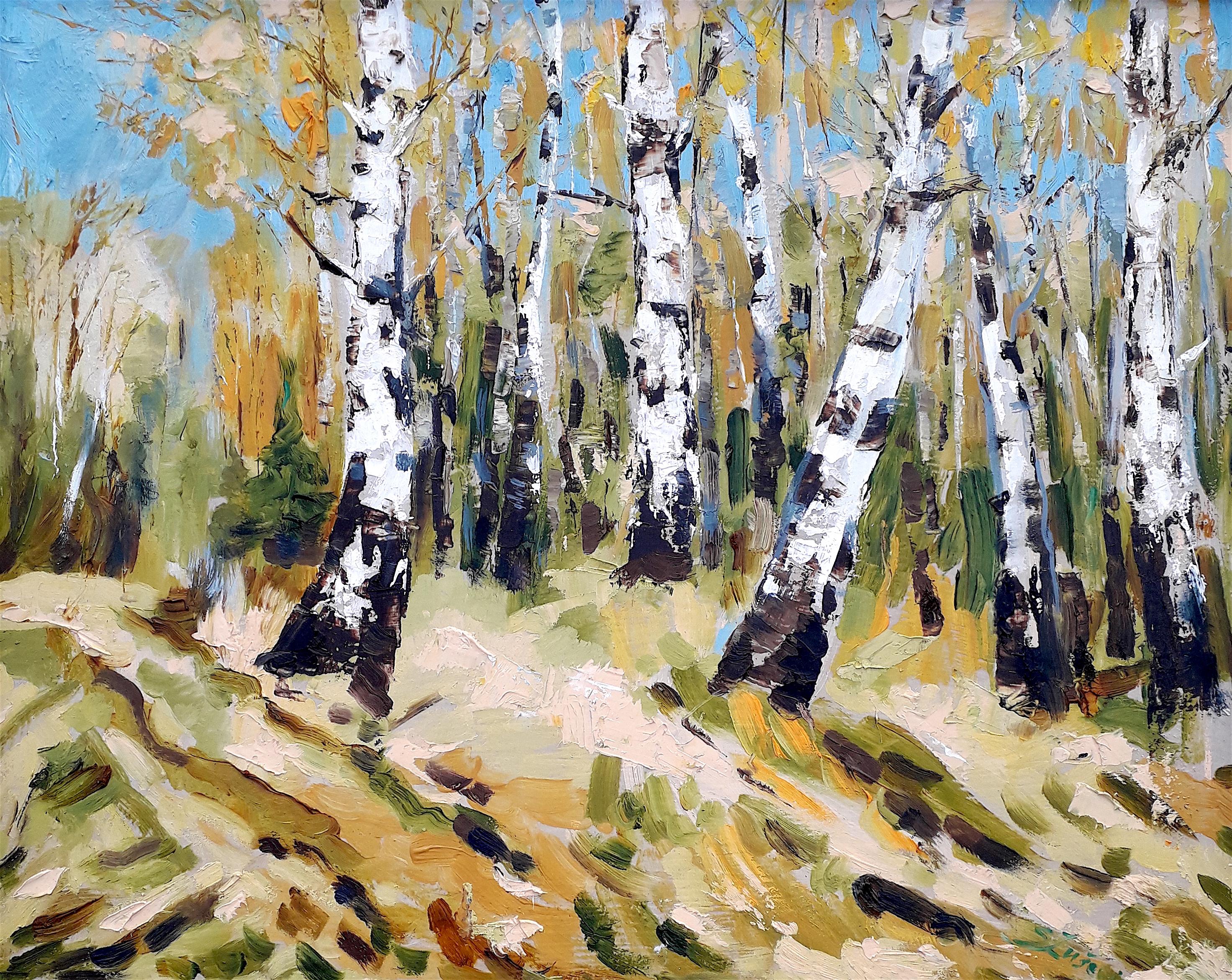 Autumn Birch original landscape painting - Painting by Signe Zusevica