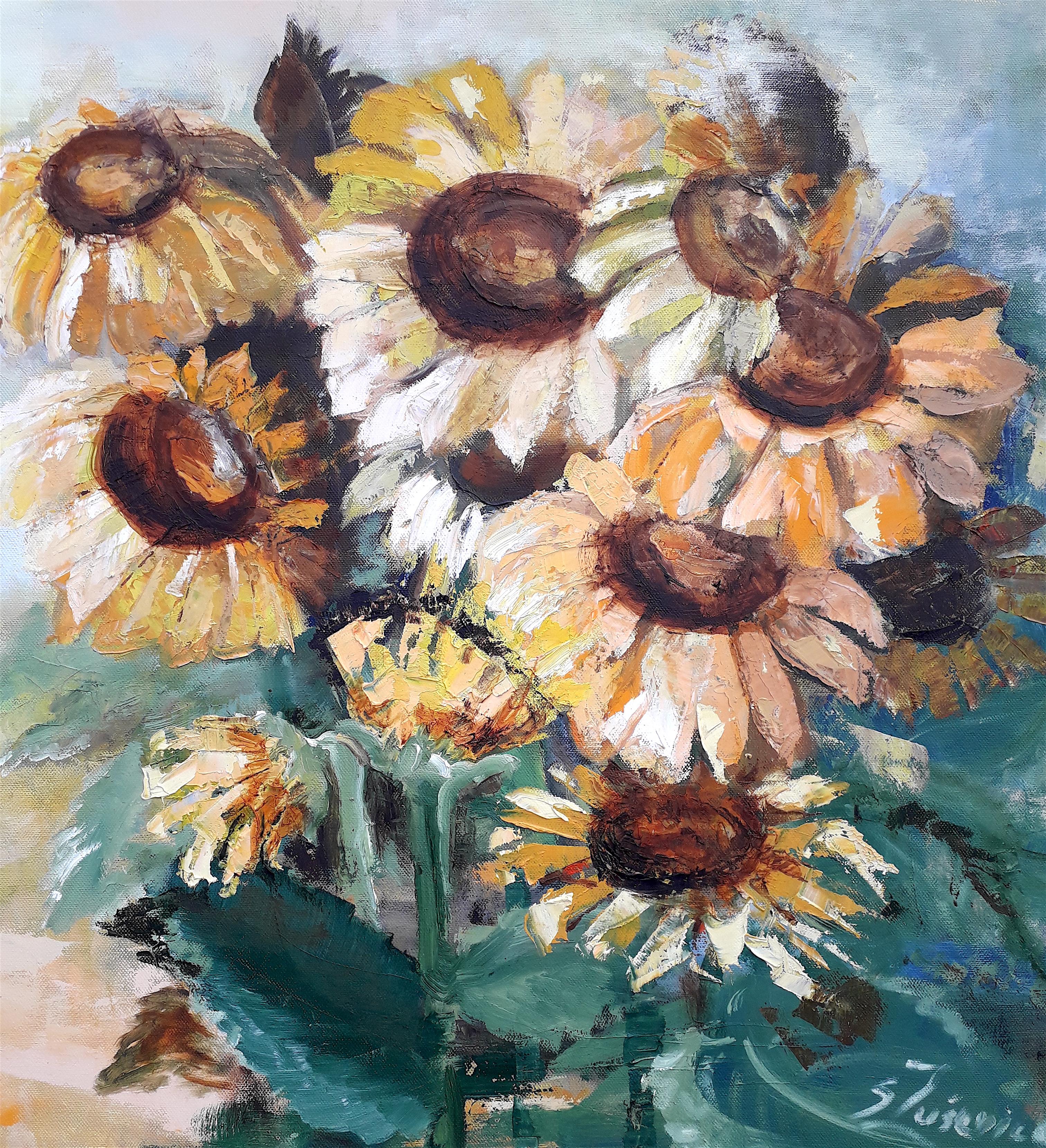 Signe Zusevica Landscape Painting - Sunflowers original still life painting