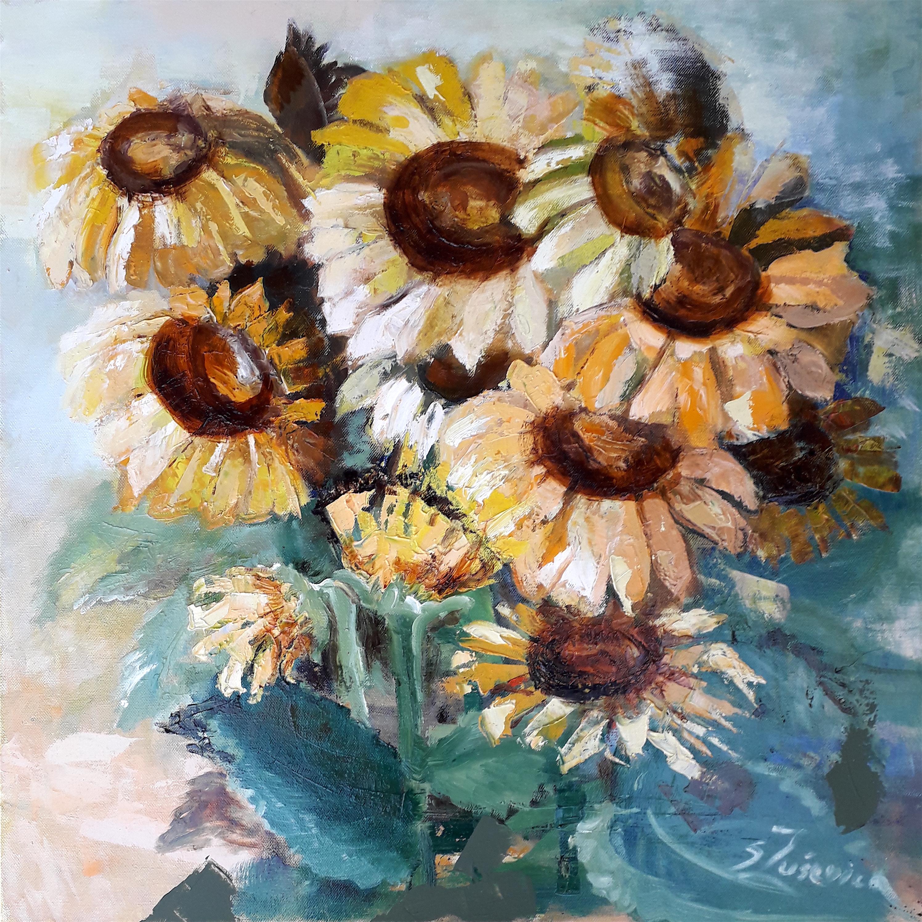 Sunflowers original still life painting - Painting by Signe Zusevica