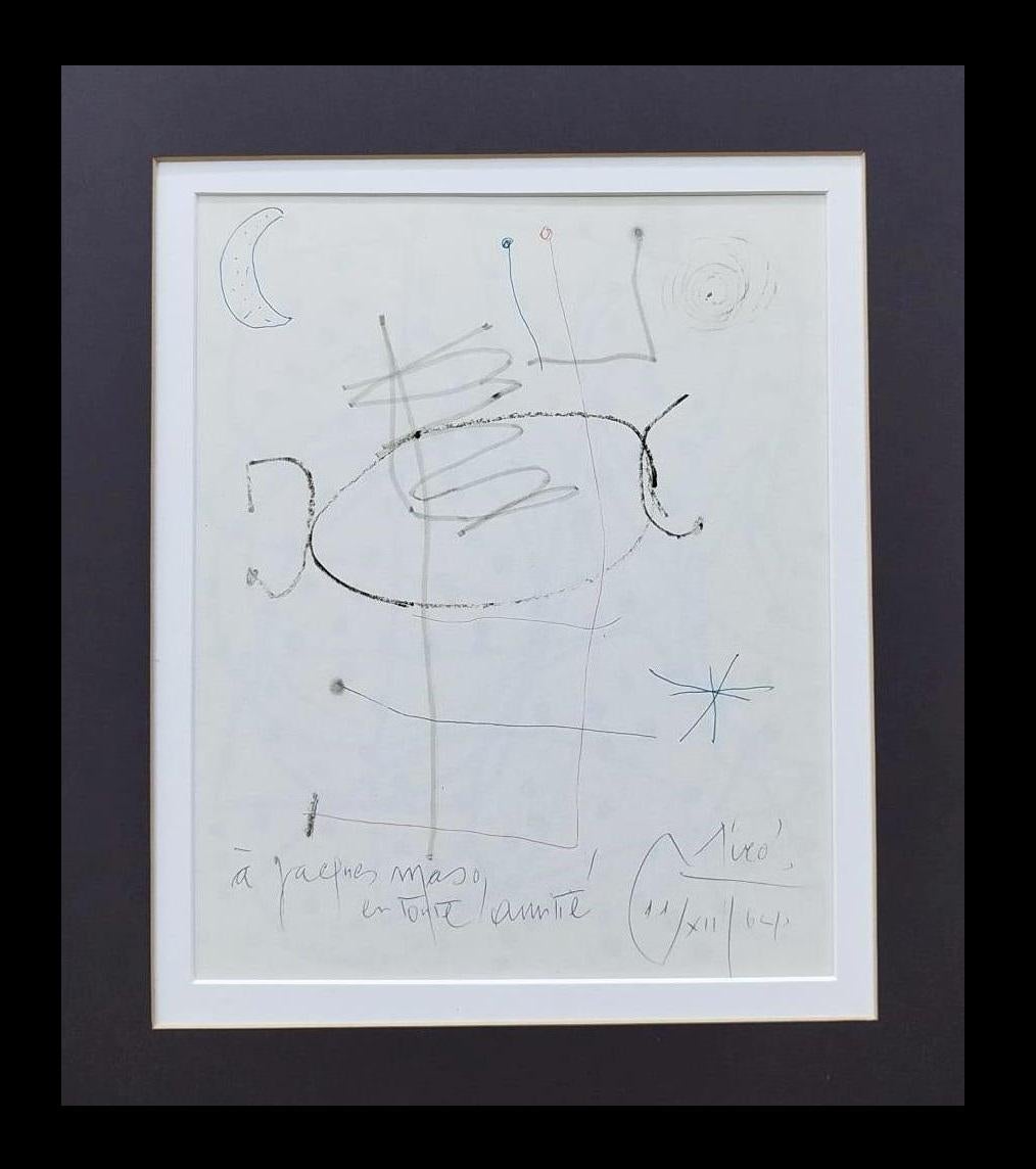 Joan Miro. dessin original au crayon, à la plume et au marqueur sur papier
11/12/1964
Certificat par Jaques Dupin. Paris 7 septembre 91.
Jacques Dupin, avec d'autres, a fondé l'ADOM (Association pour la défense de l'œuvre de Miro) et en est resté