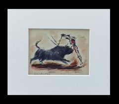 Farbzeichnung im Stil des Expressionismus der 1960er Jahre mit „Banderillas“-Motiv, gerahmtes Aquarell