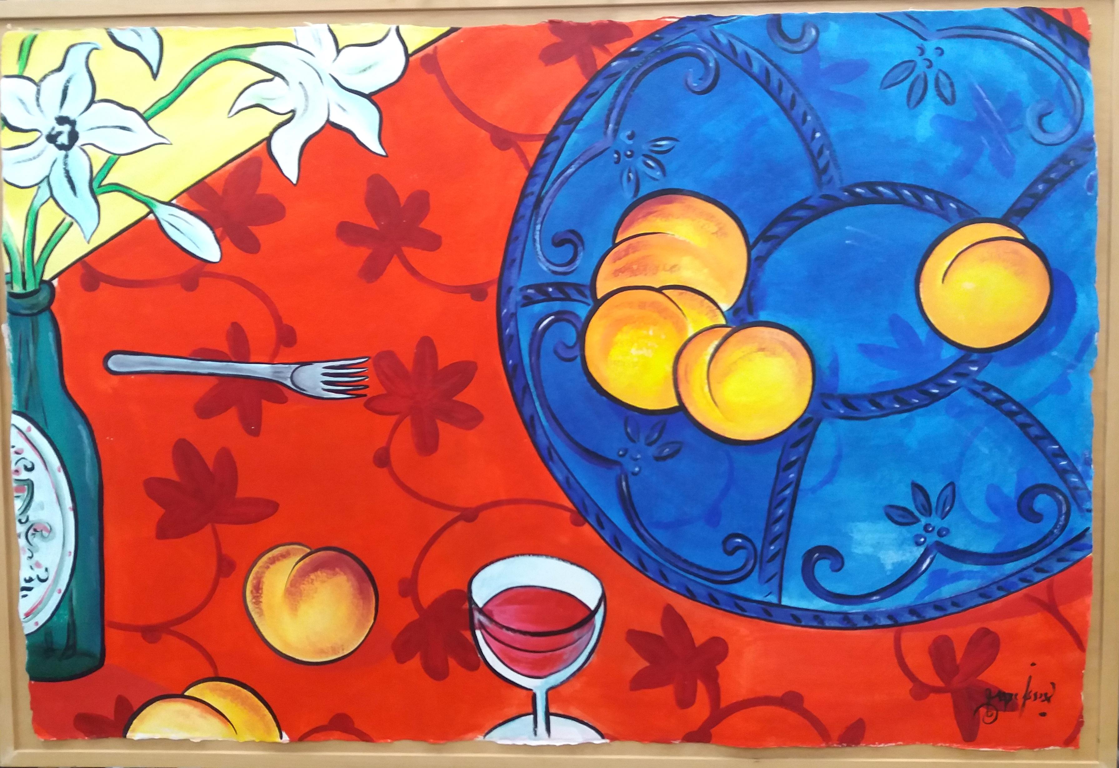 Table original expressionist acrylic paper painting 2008 - Orange Interior Painting by MARC JESUS