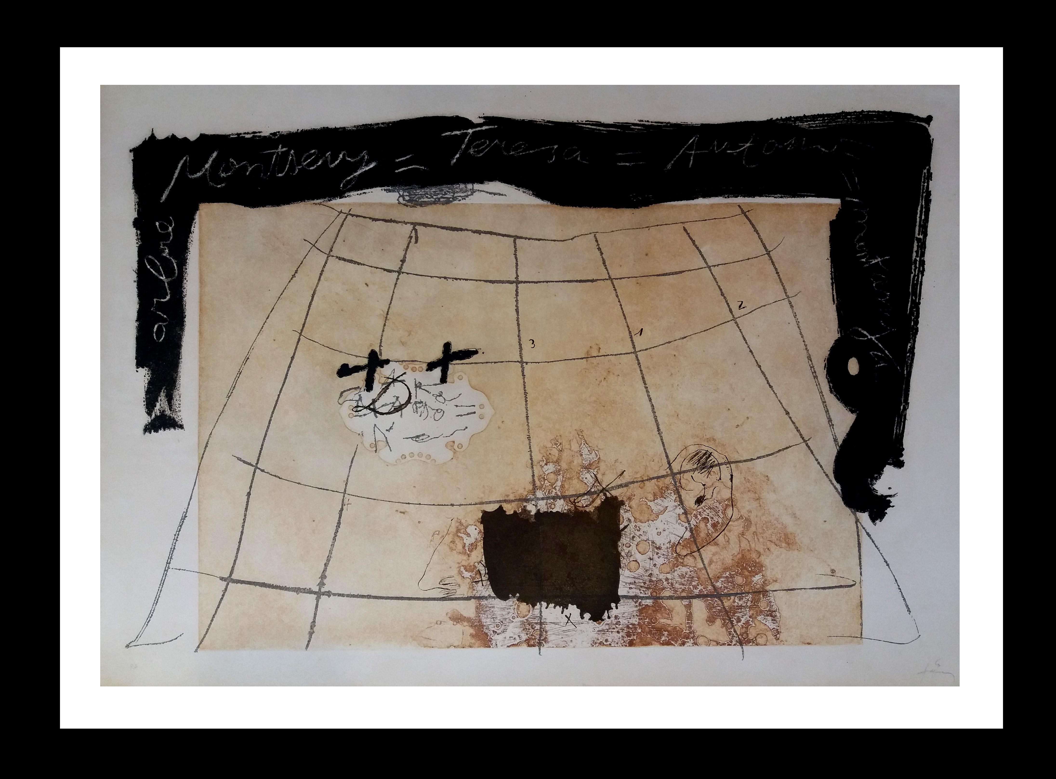 Antoni Tàpies Abstract Print - Cartography Aquatinta and soft varnish with polycrome plastic. painting