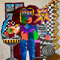 79 PACO WITH HIS CAT . 120 X 120 CM  original acrylic painting