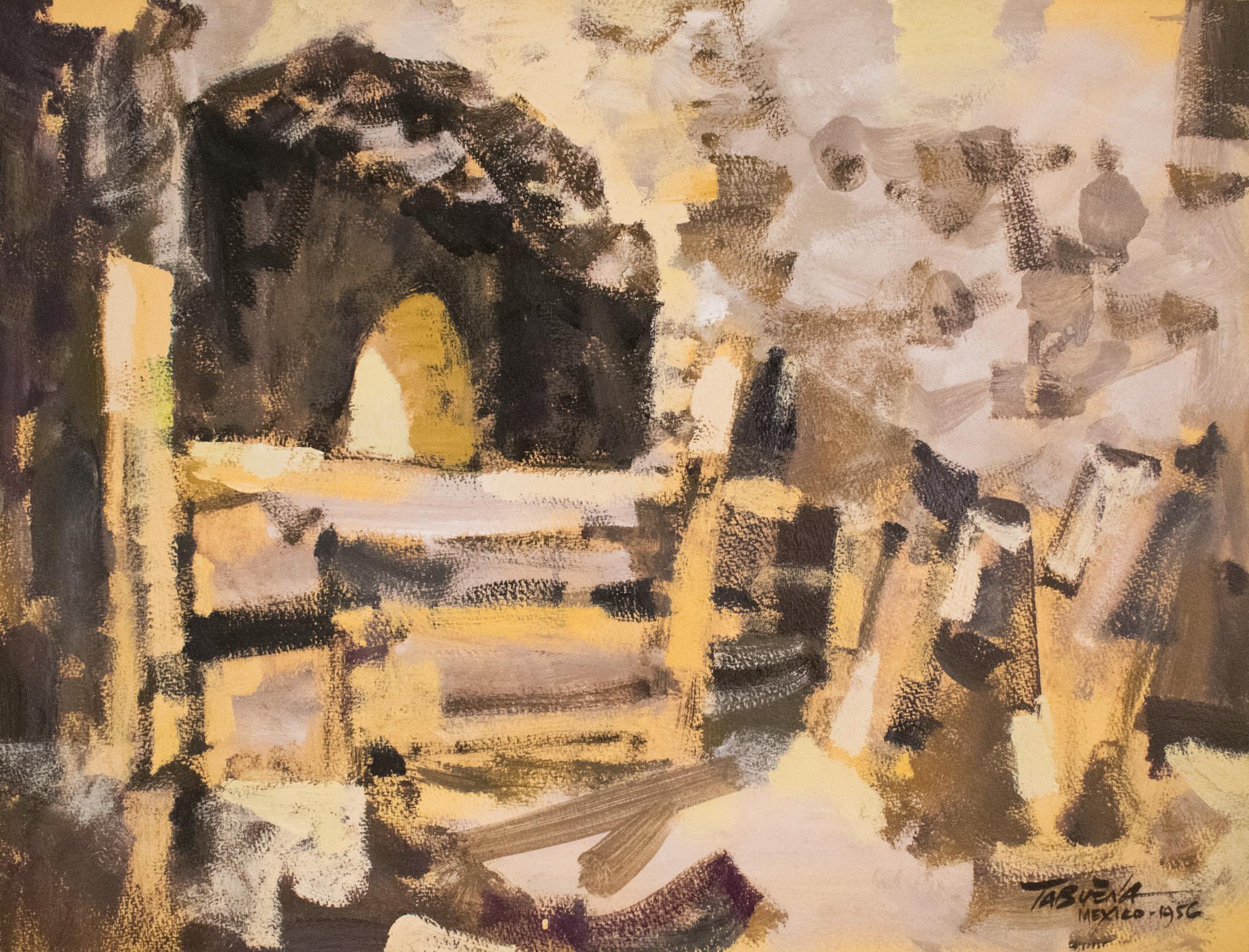 Romeo Tabuena Landscape Painting - "Ruinas", Duco and Tempera on Paper, Modern Filipino-Mexican Art, 1956