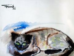 Gato, Modern Art, Watercolor on Paper, Mexico