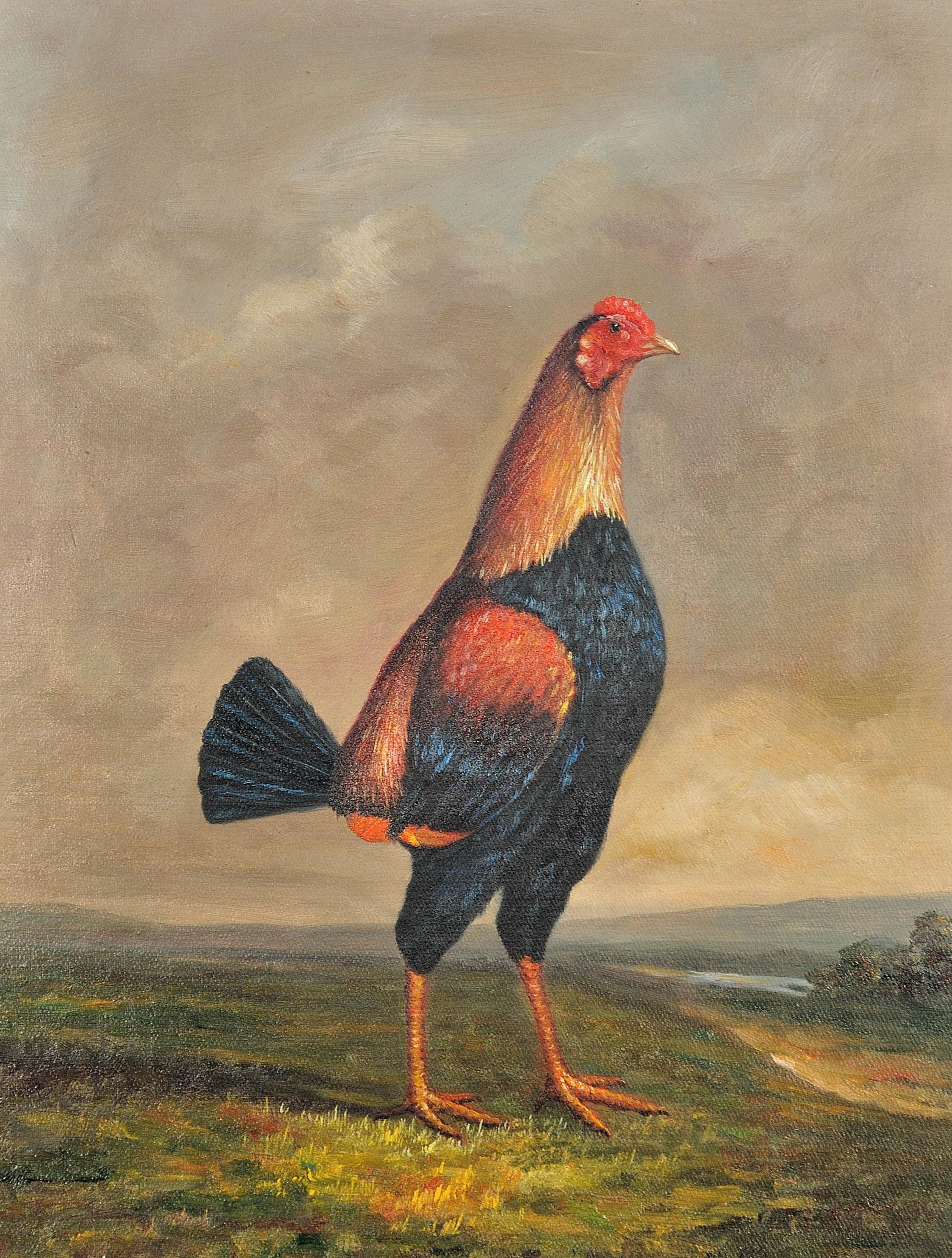 Modern Fighting Game Cock.19th Century Oil on Canvas.Rooster.Cockerel.Victorian  - Painting by Unknown