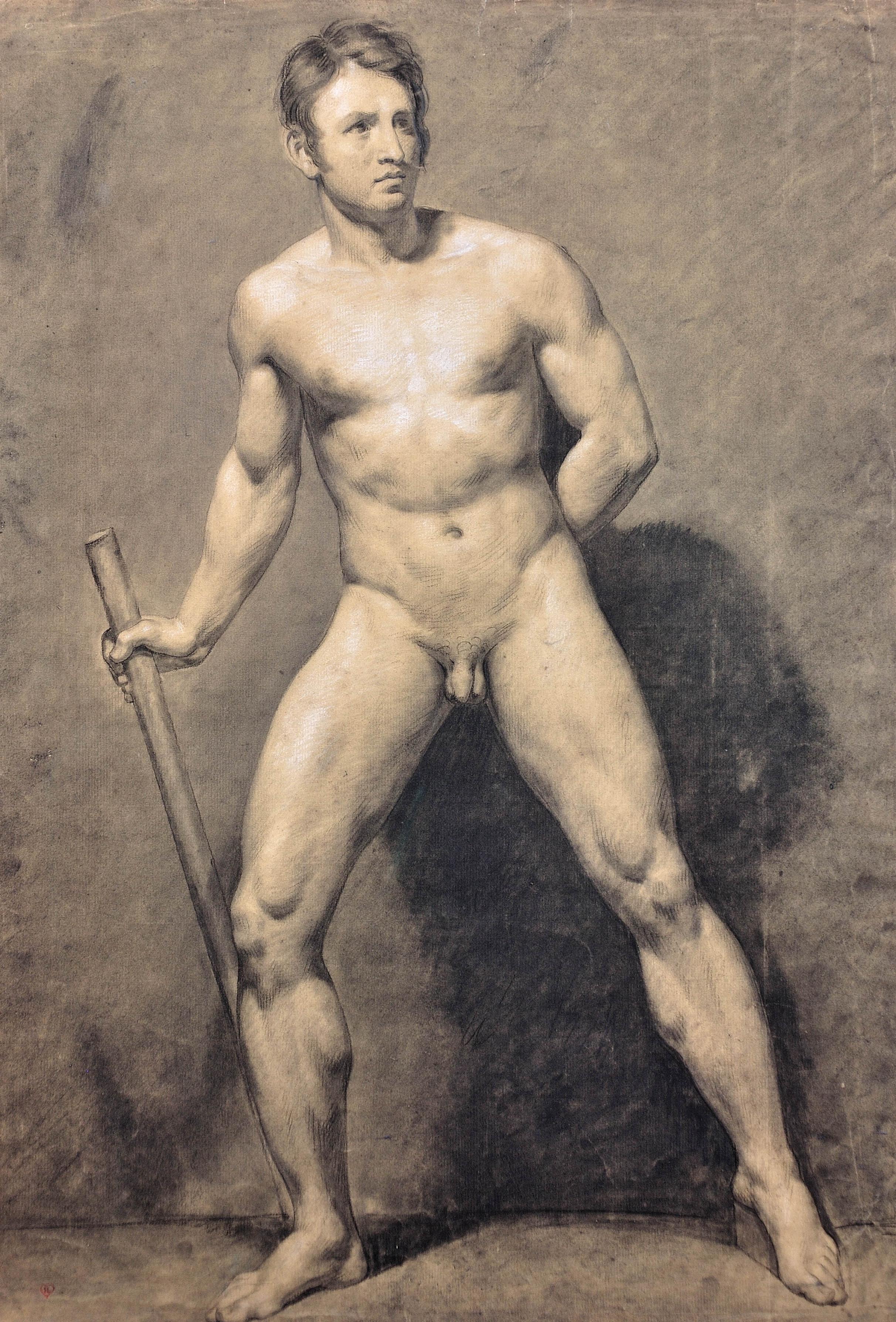 Eduard Braun.
German ( b.1798 - d.1876 ).
Academic Life Study of a Male Nude Carrying a Staff
Pencil and Charcoal on Paper with Heightening on paper.
Annotation (presumably a dedication) lower left.
Paper size 24 inches x 16.5 inches ( 61cm x 42cm